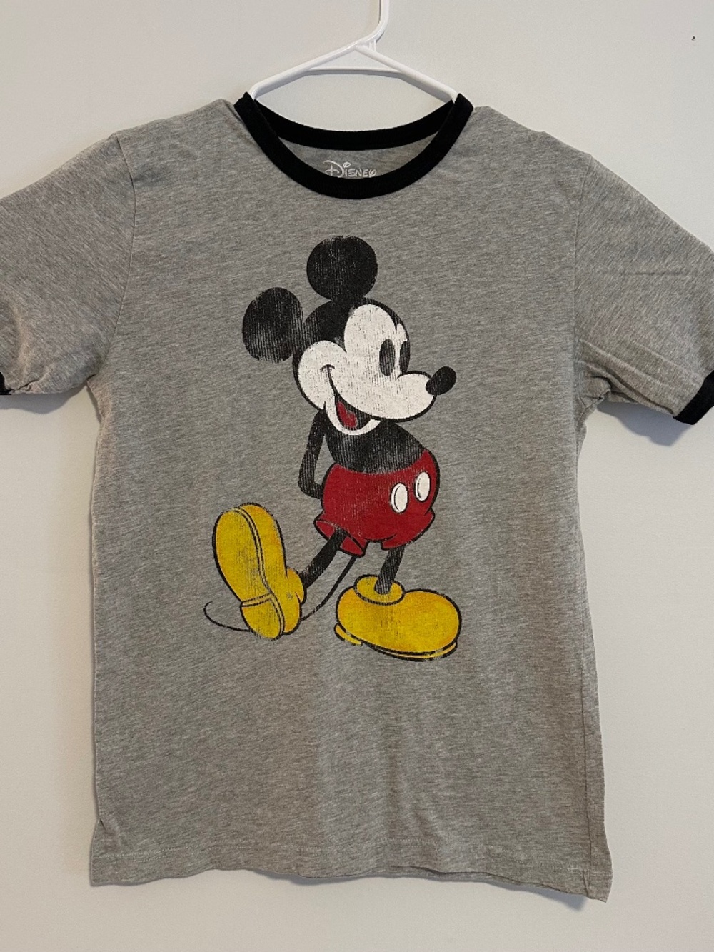 Mickey Mouse Graphic Print Ringer T-Shirt Small Light Gray Y2K Short Sleeve